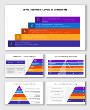 John Maxwell 5 Levels of Leadership slides with colorful pyramid charts and placeholder captions.