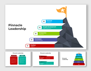 Pinnacle Leadership presentation slides with a step-by-step mountain graphic and placeholder captions.