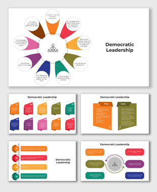 Democratic Leadership slides with colorful circular and infographic elements featuring placeholder captions.