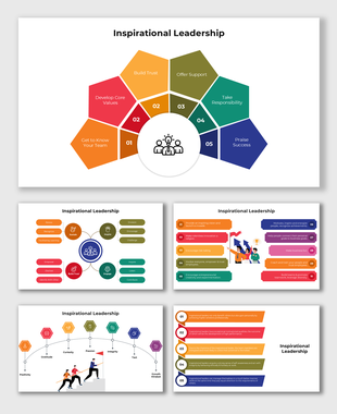 Inspirational Leadership slides with colorful hexagonal segments and placeholder text areas.