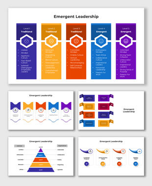 Emergent Leadership slides with colorful level-based diagrams and placeholder captions.