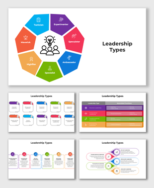 Leadership Types slides with colorful segmented diagrams and placeholder captions for each type.