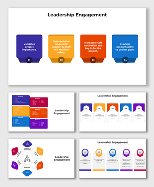 Leadership Engagement slides with colorful blocks and placeholder captions for project goals.