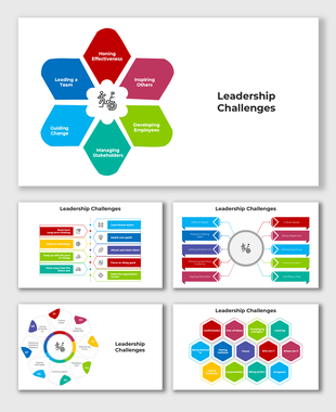 Leadership Challenges slides with colorful hexagon segments and placeholder captions for key issues.