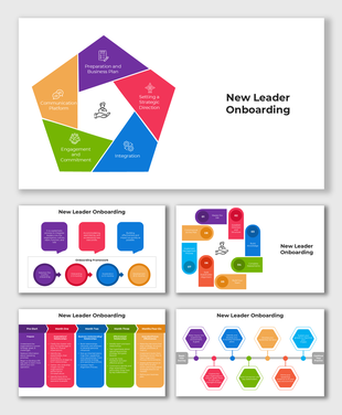 New Leader Onboarding slides with colorful pentagon diagram and placeholder captions for onboarding steps.