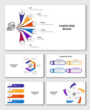 Leadership Brand slides with colorful hexagonal segments and placeholder captions for branding steps.