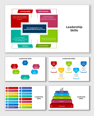Leadership Skills slides with colorful segmented designs and placeholder captions for key competencies.