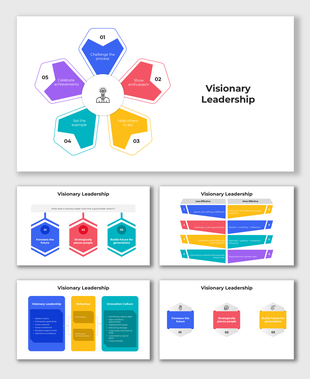 Visionary Leadership slides with colorful petal-shaped segments and placeholder captions for leadership traits.