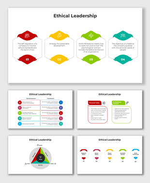 Ethical Leadership slides with colorful segments and placeholder captions for core ethical principles.