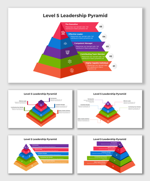 Level 5 Leadership Pyramid diagram with colorful tiers representing leadership stages and placeholder captions.