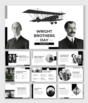 Monochrome slides honoring Wright Brothers Day with aviation history and legacy highlights.