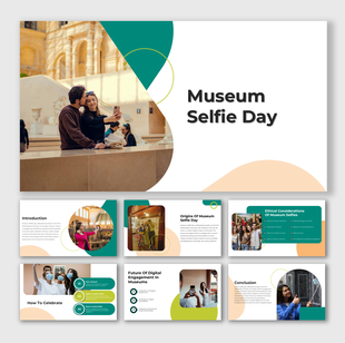 Slides celebrating Museum Selfie Day with visitors capturing moments in iconic museum settings.