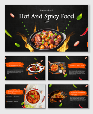 Sizzling hot and spicy food-themed presentation with vibrant visuals of fiery dishes and colorful spices on a dark backdrop.