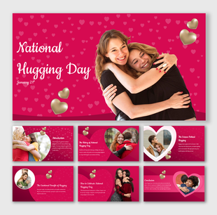 National Hugging Day presentation featuring heartfelt visuals of hugs, pink backgrounds, and gold heart graphics.