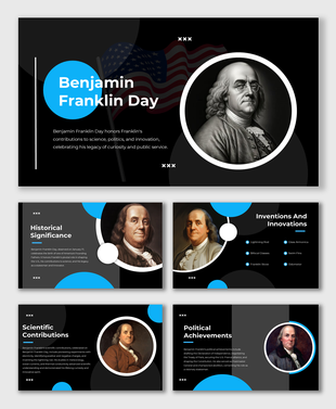 Modern presentation celebrating Benjamin Franklin Day, blending portraits and text with a black and blue theme.