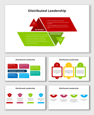 Distributed Leadership diagram showing advantages and disadvantages with bold triangular layouts and colorful sections.