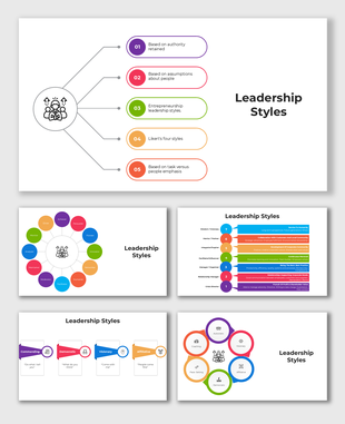 Visual overview of Leadership Styles with circular and linear layouts highlighting various approaches and attributes.