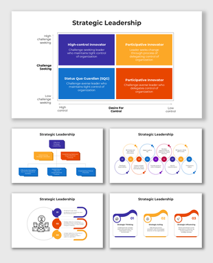 Strategic Leadership frameworks with a quadrant model, flowcharts, and key steps for organizational direction and control.