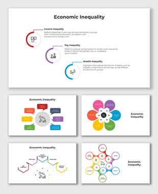 Economic inequality diagram highlighting income, pay, and wealth disparities with interconnected circular visuals.