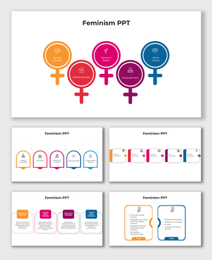 Feminism PPT slide featuring a symbolic infographic with key topics like gender equality, women's rights, and intersectionali