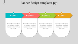 Banner design slide in teal, red, green, and yellow, each containing a caption and standard placeholder text.