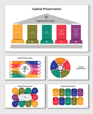 Capital preservation diagram with pillars labeled stress test, exit strategy, cash reserves, properties, and team focus.