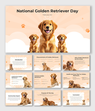 Golden retrievers celebrated on National Golden Retriever Day with vibrant slides and adorable illustrations.