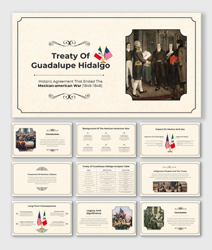Analysis of the Treaty of Guadalupe Hidalgo with images, tables, and cultural impact highlights.