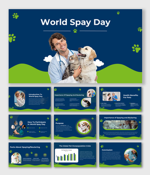 Informative slides on World Spay Day focusing on pet health, spaying importance, and overpopulation data.