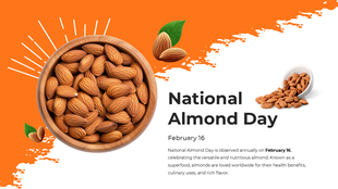 A bowl of almonds with scattered nuts celebrating National Almond Day on February 16, set against a bright orange background.