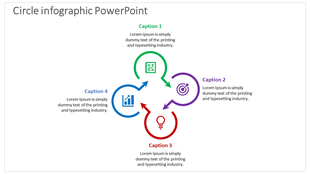 Circle infographic displaying interconnected stages, each with an icon and caption, illustrating concepts.