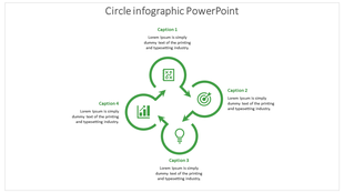 Four green circular segments in a loop with icons and text placeholders, centered on a white background.