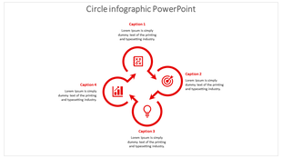 Four circular infographic with red icons representing planning, goal, idea, and analytics, connected by arrows and captions.