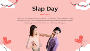 A humorous graphic for Slap Day on February 15, featuring a playful scene with pink hearts and clouds in the background.
