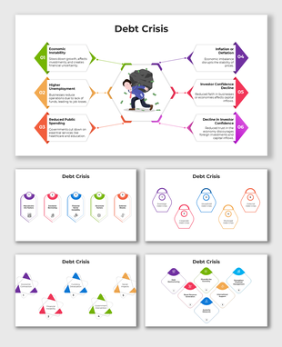 Illustration of debt crisis effects with icons showing economic instability, unemployment, and reduced public spending.