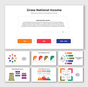 Gross National Income infographic illustrating components like GDP and net income with diagrams and colorful elements.