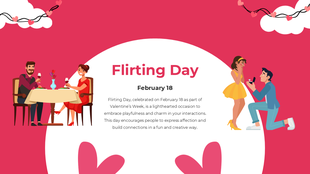Celebration of Flirting Day with couples enjoying dinner and a romantic proposal under festive Valentine-themed decor.