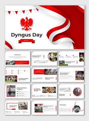 Dyngus Day slide deck showcasing traditions, music, foods, and the connection to Easter Monday celebrations.