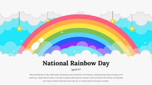 A colorful rainbow arching over fluffy clouds with glowing stars, celebrating National Rainbow Day.