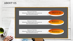 Slide with three aligned sections, each containing editable text boxes paired with orange and yellow gradient labels.