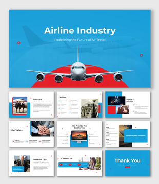 Visual presentation of the airline industry featuring airplane graphics, timeline, key services, and leadership profiles.