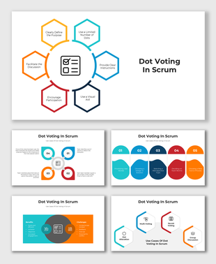 Scrum dot voting guide with circular and hexagonal graphics showing participation, visual aids, and limited dot usage.