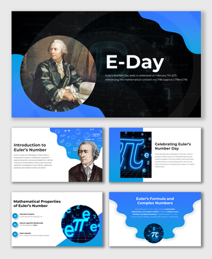 Visual slides showcasing Euler’s number, its properties, and formulas with mathematical icons and digital graphics.