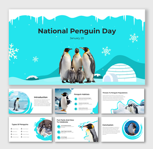 Visual slides featuring penguins, igloos, snowflakes, and sections for penguin habitats, types, and conservation.