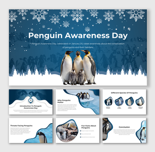 Visual presentation featuring penguins, snowy backgrounds, and placeholders for penguin facts, conservation, and species.