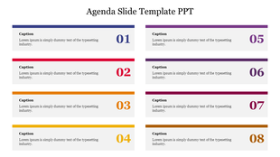 Agenda slide with eight numbered sections, each with a caption and placeholder text in alternating colors.
