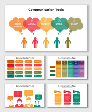 Colorful communication tools slides featuring different methods, benefits, and editable text sections for explanations.
