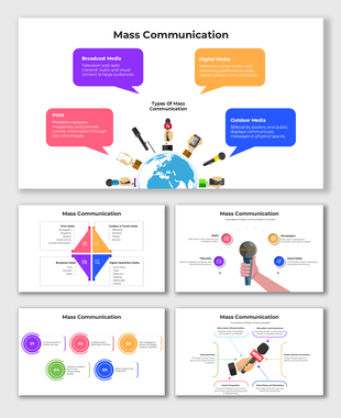 Visual mass communication slides showcasing different media channels, audience reach, and editable text sections.