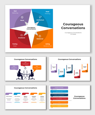A professional slide layout with vibrant sections, infographic icons, and speech bubbles for conversation-related topics.