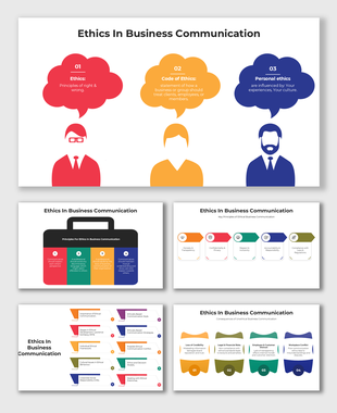A modern slide deck featuring business communication ethics with infographic elements, speech bubbles, and structured layouts